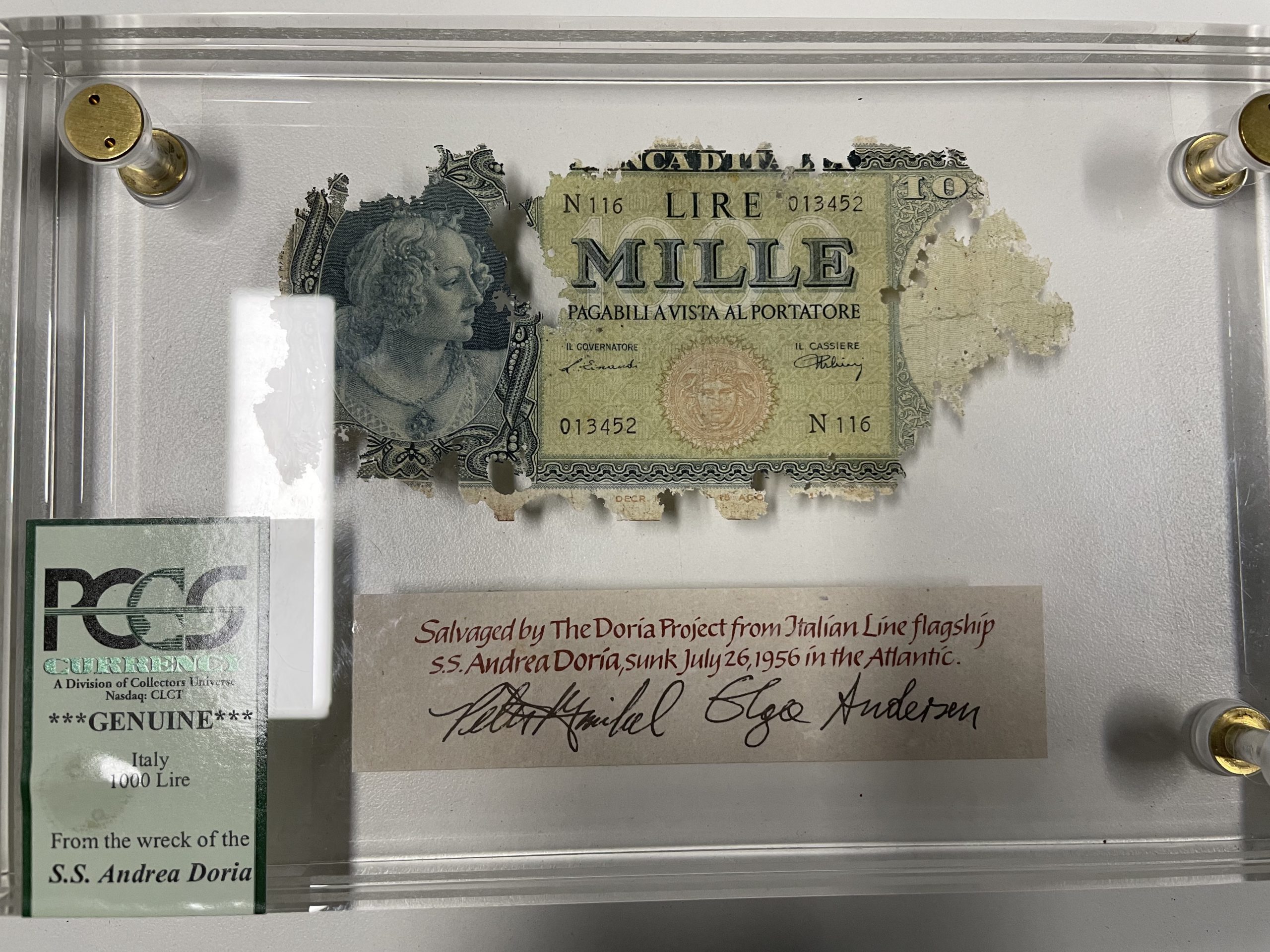 Bank note recovered from the Andrea Doria
